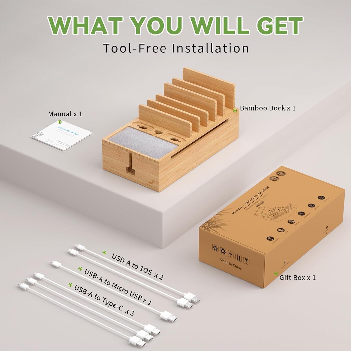 Pezin & Hulin Bamboo Charging Stand Rack, Wooden Charge Box for Mobile Phones, Tablets, Smart Watch and Earbuds, Wire Cable Organizer Box, Bedside Dock Stand Holder (NO Power Adapter Supply) -Natural