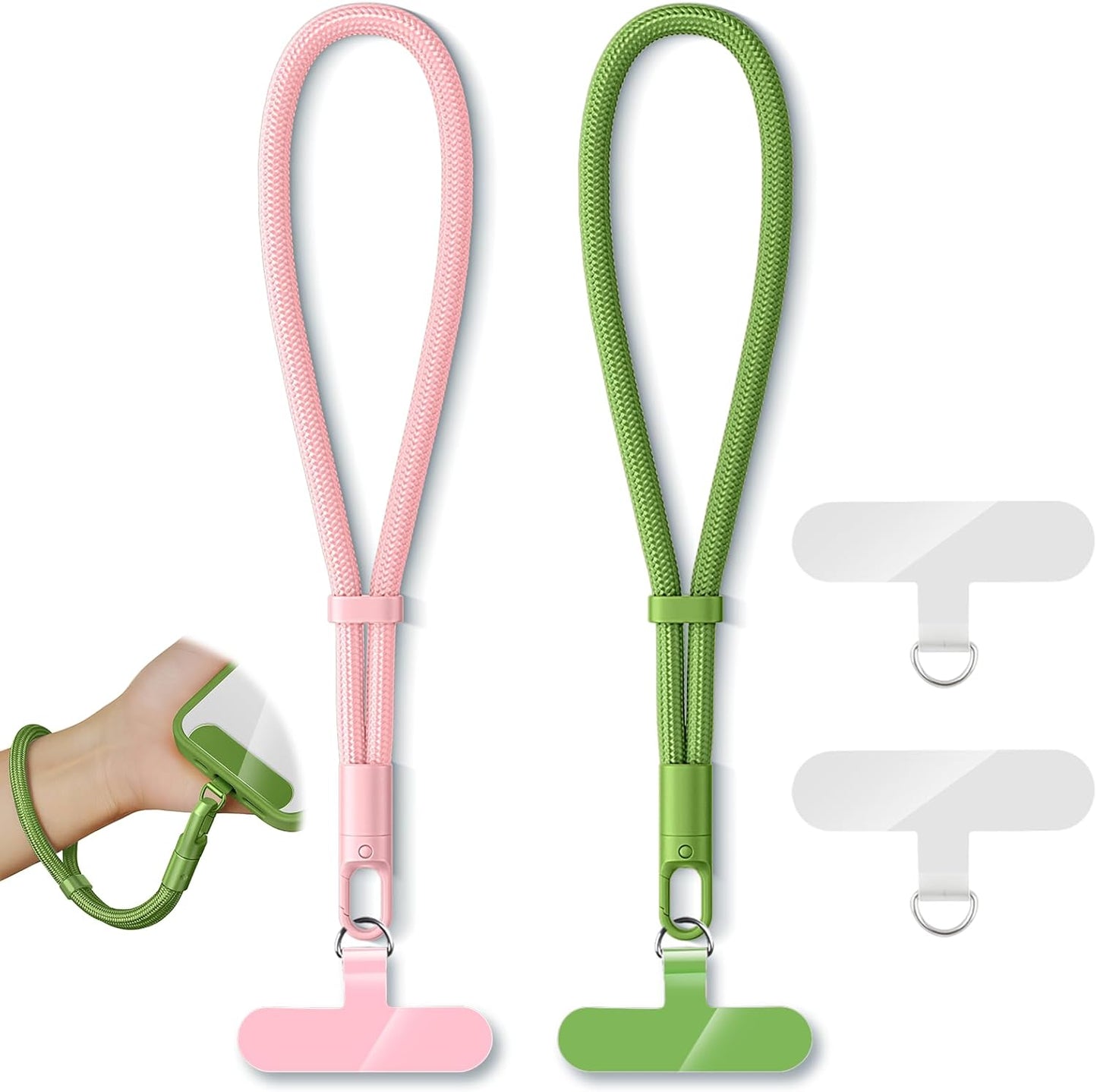 2 Pack Phone Lanyard,2×Phone Wrist Strap,4×Tether Tabs,Universal Cell Phone Multifuctional Patch Polyester Lanyards,Cell Phone Hand Strap for Women and Men(pink+green)