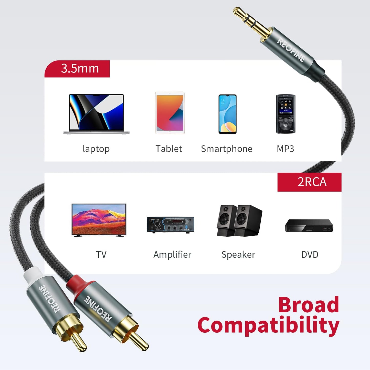 3.5mm to RCA Cable (6.6 Feet/2M),3.5 mm 1/8 to RCA 2-Male Headphone Jack Adapter HiFi Sound Splitter Auxiliary Cord for Smartphone,MP3 Players,Laptops,Tablet,Speaker