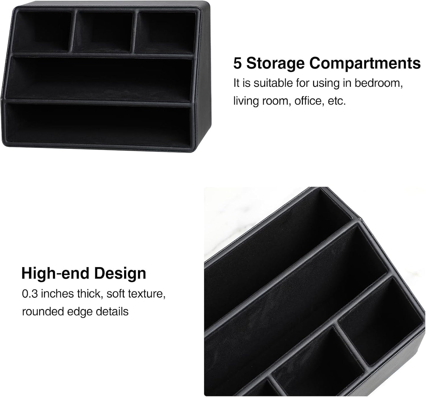 PU Leather Desk Organizer, Luxury Remote Control Holder for Home, Office Desk Accessories Table Caddy Bedside Nightstand Organizer (Black)