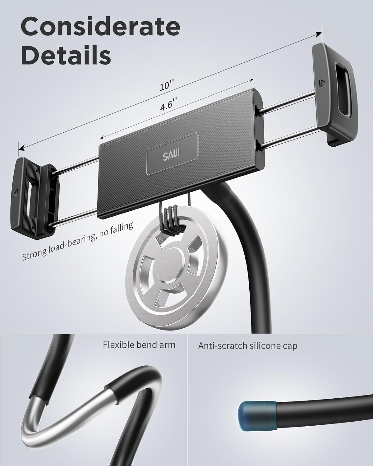 SAIJI iPad Stand, Adjustable Ergonomic Tablet Holder for Bed, Kindle Stand for Reading in Bed Fit for Tablet, Phone, Kindle, Portable Monitor, Switch and More 4.7"-17.3" Devices (Black)