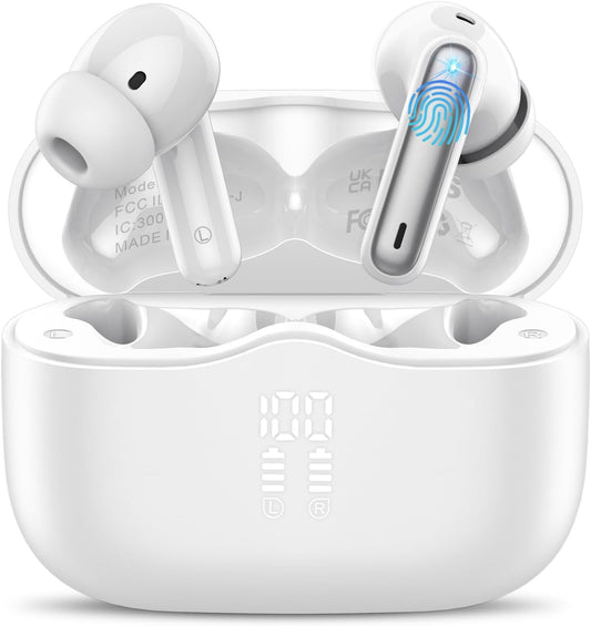 Wireless Earbuds, Bluetooth 5.4 Headphones in Ear with 4 ENC Noise Cancelling Mic, New Wireless Earphones HiFi Stereo Deep Bass 40H Playtime, In-Ear Bluetooth Earbuds LED Display IP7 Waterproof, White