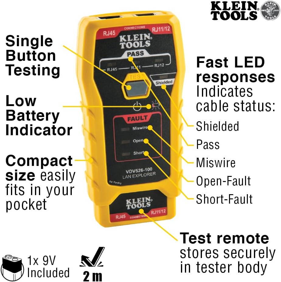 Klein Tools VDV026-813 RJ45 Ethernet Cable Tester and Crimper Kit, Pass-Thru Technology, Includes Connectors for Cat5e / CAT6 Data Applications, Pack of 50