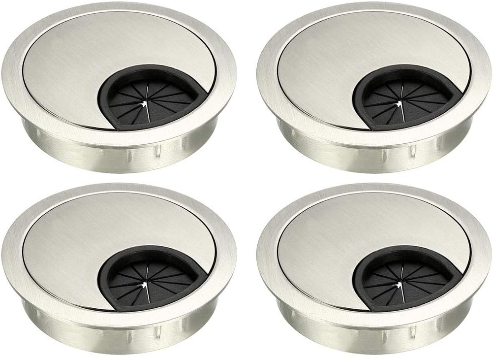uxcell Cable Hole Cover, 2.1Inch/53mm Zinc Alloy Desk Wire Cord Cable Grommets Hole Cover for Office PC Desk Cable Cord Organizer, 4Pcs Wire Drawing Silver