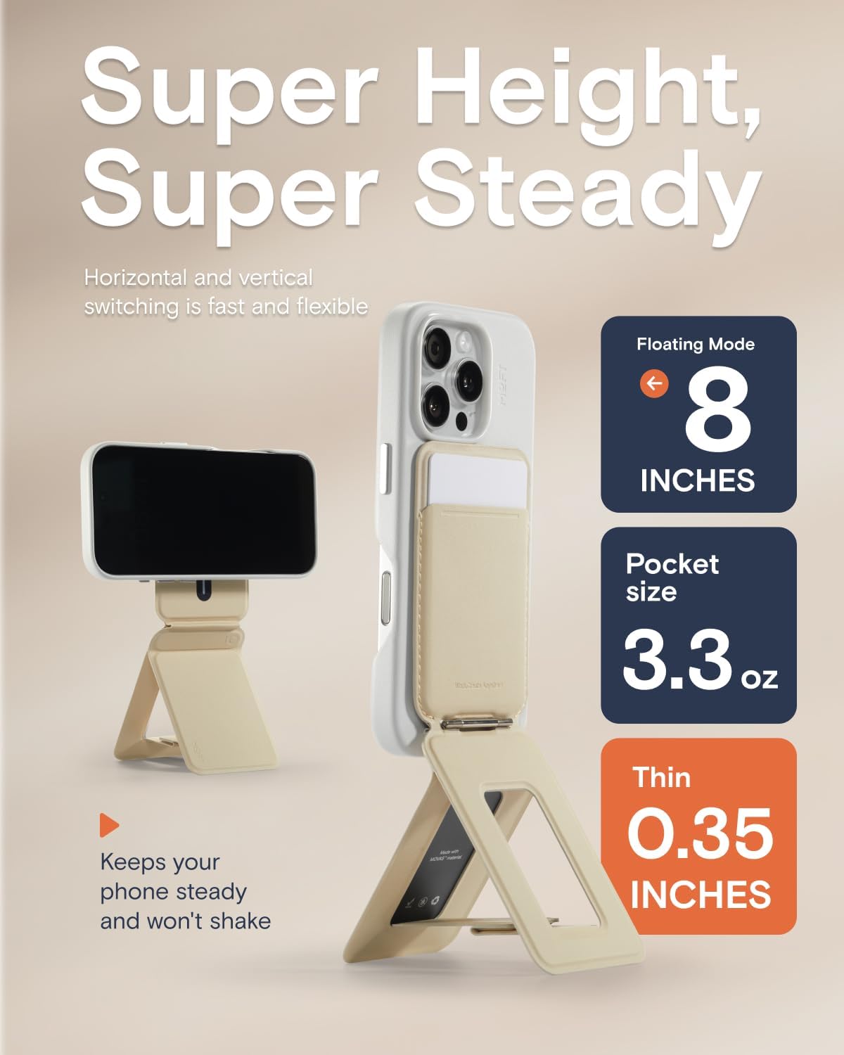 MOFT Phone Tripod Wallet for iPhone, Mulit-Angles, Portable Phone Stand, MOVAS Vegan Leather Magnetic Wallet, Strong Magnets, NFC Card Holder, Travel Essential, Earthen Beige (with Card Slot)