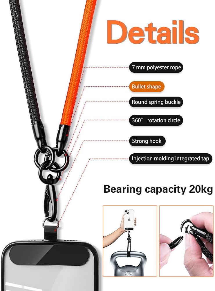 Cell Phone Lanyard, Crossbody Strap, Neck Holder & Wrist Lanyard 3-in-1 Anti-Theft Phone Strap, Detachable Universal Smartphone Straps with a Tap, Durable Hook-Orange Black