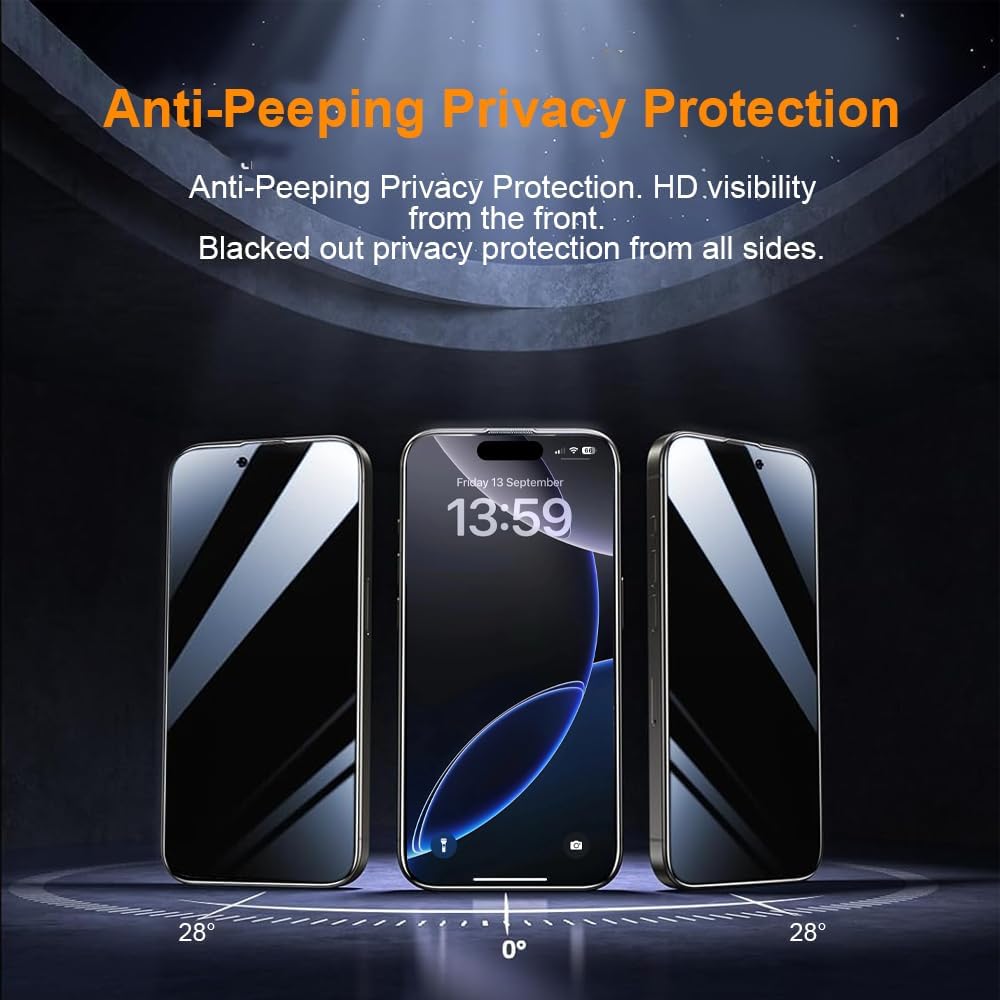 OneFish Privacy Screen Protector for IPhone 15 Anti-Spy Tempered Glass Dust-Free Bubble-Free Anti-Fingerprint 9H Scratch Protection & Hassle-Free Installation Frame [2-Pack]
