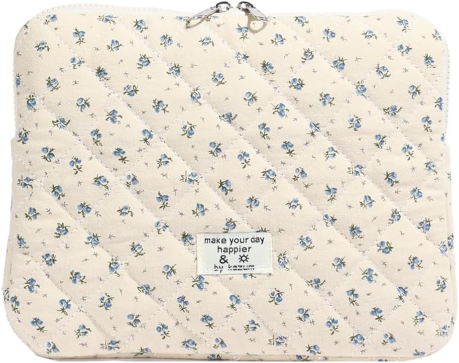 Puffy Laptop Sleeve 13-15.6 Inch Cute Quilted Laptop Protective Case Padded Floral Computer Sleeve for MacBook (A-Blue, 11 Inch)