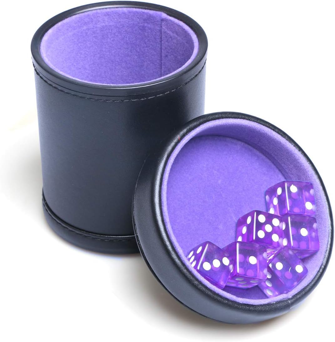 PU Leather Dice Cup Purple Velvet Lined Quiet Shaker with Lid Including 6 Purple Translucent Dice for Liars Dice Farkle Yahtzee Board Games