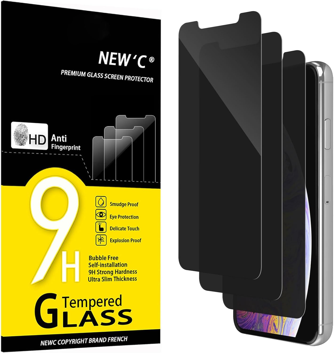 NEW'C 3 Pack Privacy for iPhone 11 Pro Max, iPhone XS Max Screen Protector (6.5"), Enhanced 28-Degree Privacy Angle, Ultra Durable 9H Hardness, Bubble-Free