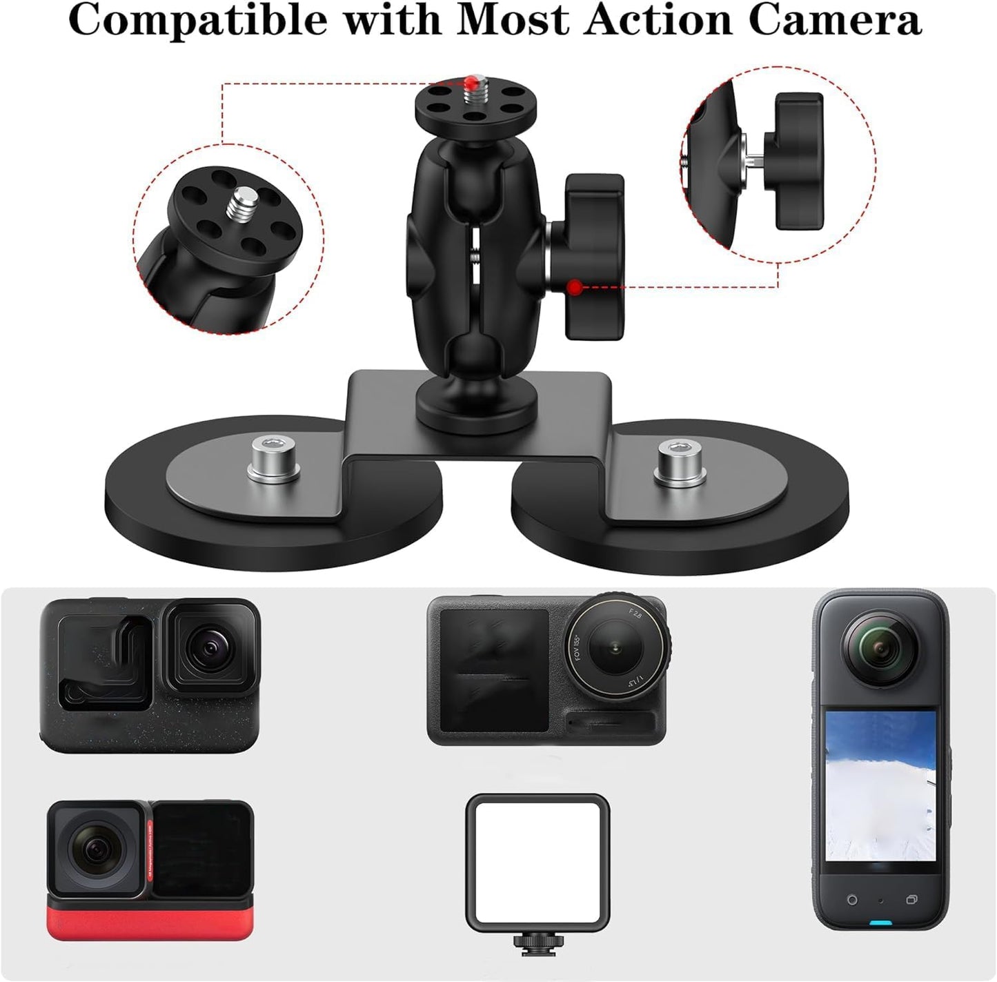 Taisioner Magnetic Car Mount Camera Mount for Insta360 x5/x4/x3/x2 Go 2/3 Car Body Outside with 360°Rotation Ball Head Compatible with Gopro,360 Max,Insta 360,DJI osmo,Akaso Aciton Camera