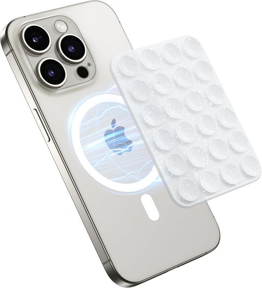GONEZ Magnetic Suction Cup Phone Mount for MagSafe Case, Removable Silicone Sticky Grip for iPhone 12/13/14/15/16, Hands-Free Selfies and Videos for TikTok & Instagram Influencer/Creator,Glitter White