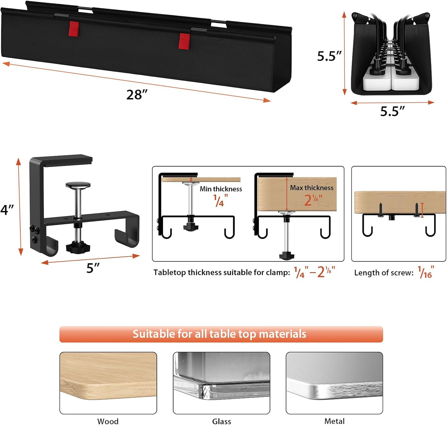 Univivi No Drill Under Desk Cable Management Tray, 28" Cord Organizer for Table, Clamp/Screw Mount Desk Cable Management, Premium Fabric Cable Management Tray for Office, Home
