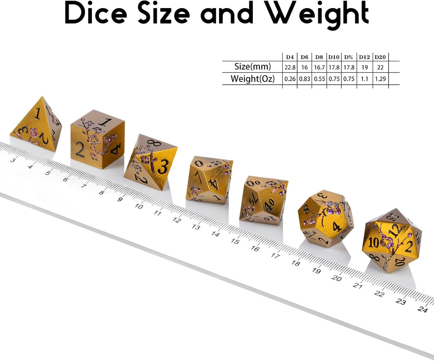 DNDND Flower Metal DND Dice, 7 PCS Heavy Solid Metallic Dragon Dice Set with Gorgeous Gift Case for D&D Dungeons and Dragon Tabletop Game (Ancient Brass)