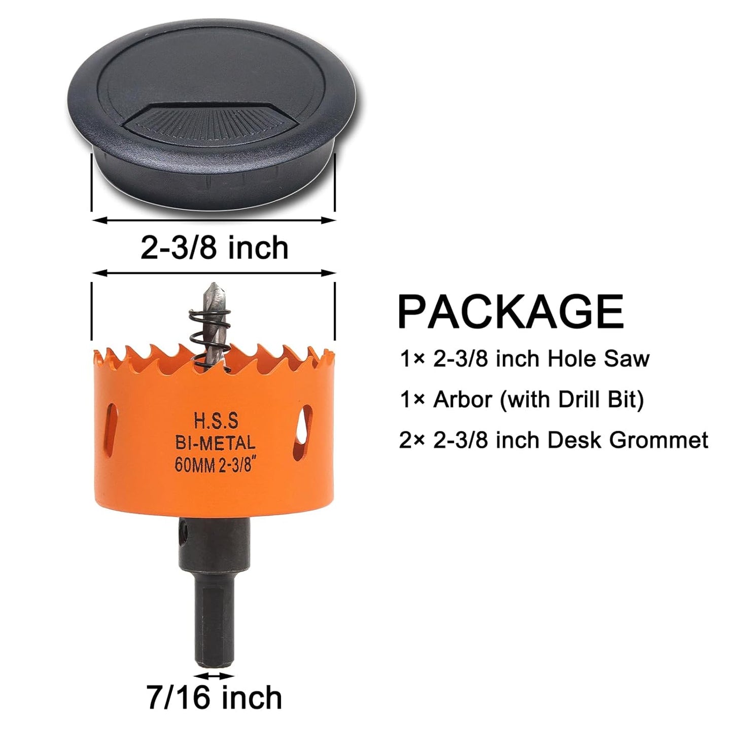 Desk Grommet 2-3/8 inch with Hole Saw, Desk Cord Hole Cover Grommet for Cables, 2 PCS, Black