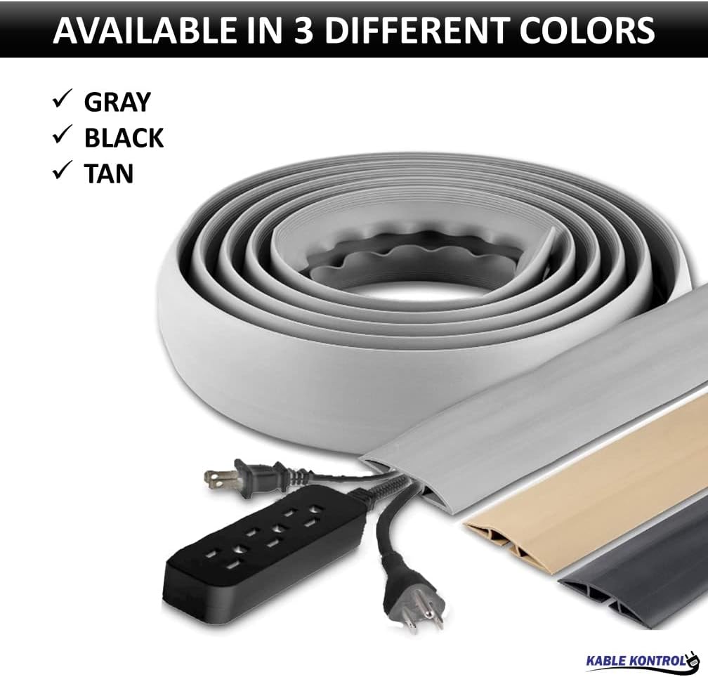 Kable Kontrol Floor Cord Cover kit - 6 Feet Long Gray Plastic Cable Protector, Hides Cords and Conceals Wires, for Extension Cord Cable Management, Channel Size 0.75” W x 0.43” H