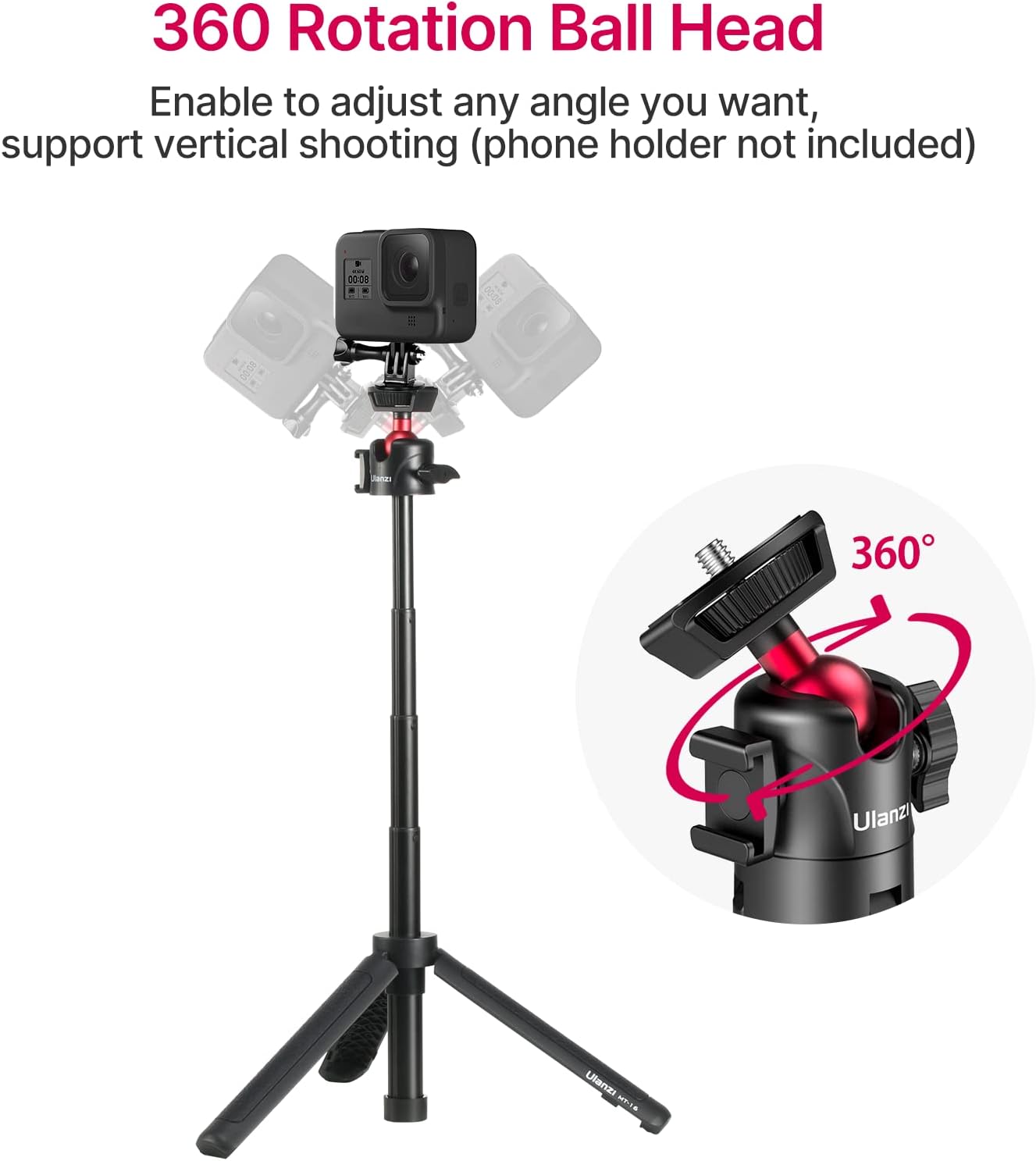 ULANZI MT-16 Extendable Mini Camera Tripod, 4 Levels Adjustment 360° Ball Head Cold Shoe Lightweight Portable Vlog Travel Selfie Stick Handle Grip Desktop Webcam Tripod for DSLR Action Camera