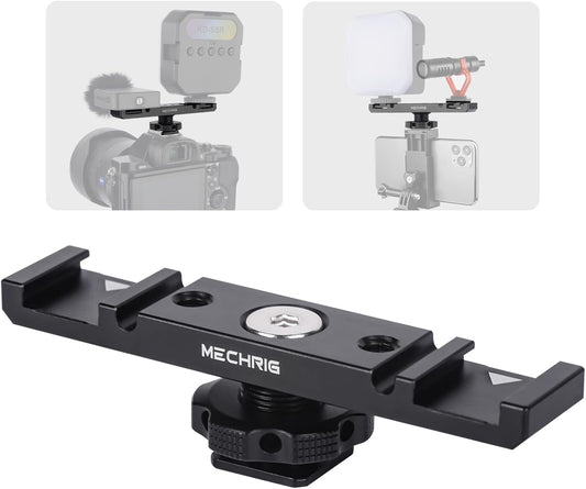 Dual Cold Shoe Extension Bar Mount, Aluminum Dual Hot Shoe Mount Bracket with 1/4" Thread & Cable Slot, Cold Shoe Bracket for DSLR Camera LED Video Light Microphone Monitor (62034)