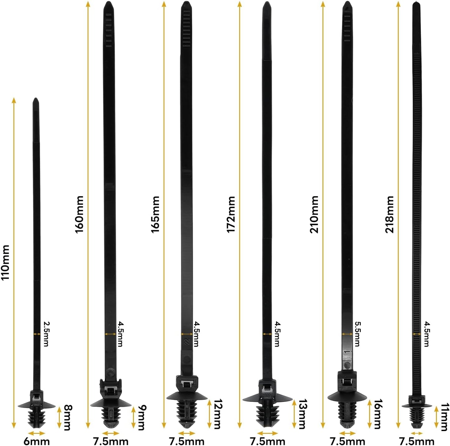 240 Pcs Push Mount Cable Ties Assorted Sizes, Black Nylon Push Mount Zip Ties Wire Harness Clips, 6-Types Snap in Zip Ties Self Locking Automotive Wire Ties for Wire Tying, Automotive