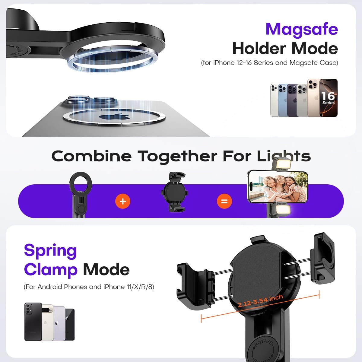 Magnetic Mini Phone Selfie Stick with 2 Fill Light, 360° Rotation Portable Phone Travel Tripod with Remote Control,Magnetic Chuck ＆ Clip Selfie Stick for iPhone Android TIK Tok/Live/Video Recording