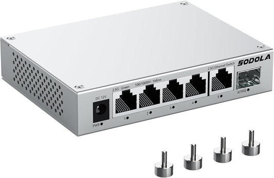 SODOLA 2.5Gb Switch Unmanaged,5 x 2.5G Base-T Ports, 1x 10G SFP+, Aluminum Alloy Cooling & Magnetic Mounting,2.5 Gigabit Network Switch Fanless Plug & Play, 2.5 Gigabit Switch,Lifetime Protection
