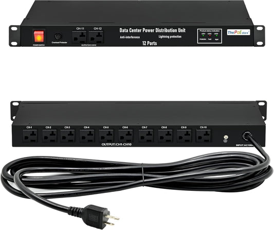 1U PDU Network Servers Surge Protector Power Distribution Unit 12-Outlet, 120V 20A, 3600 Joules 10KA,19″ Rack Mount Power Strip,Heavy-Duty 12AWG 16 ft Cord,w/AC Filter, ETL Listed, by ThePoEstore