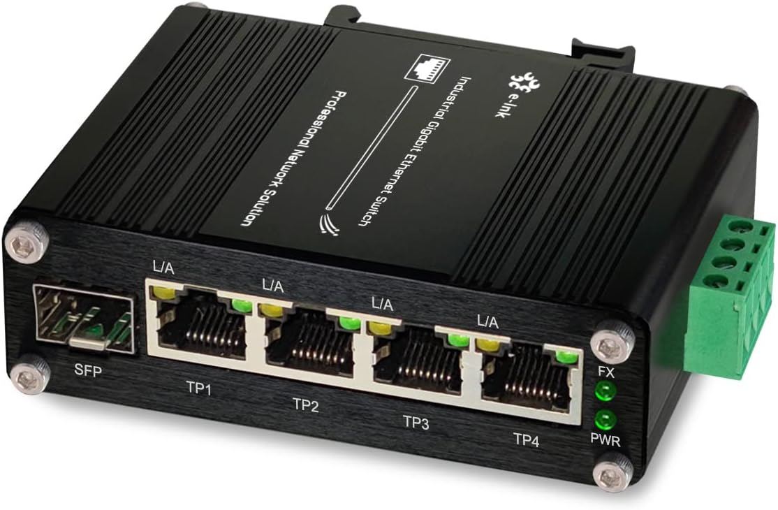 Industrial Gigabit 4-Port Ethernet Switch - Hardened 10/100/1000Mbps Fiber with 100/1000M Adaptive SFP Slot, Din Rail/Wall Mount, Unmanaged Network, 12-48V DC, 5-Port