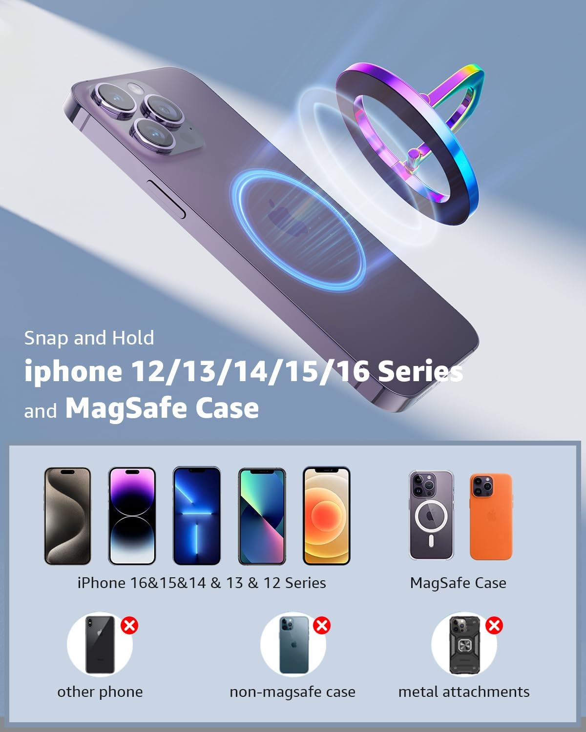 [2025 Newest] SUPERONE for MagSafe Phone Grip, Stylish Cool Magnetic Ring Holder with Adjustable Stand, Removable MagSafe Accessories Only for iPhone 16/15/14/13/12 Series and Mag Safe Case - Colorful