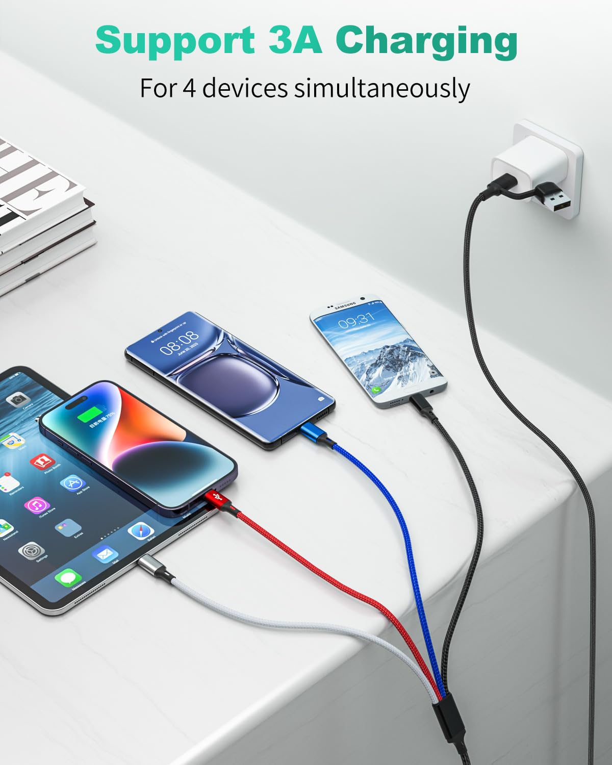 HanCenDa 4 in 2 Multi Charging Cable, 3Pack 6FT Multiple Chargers for All Devices Nylon Braided USB A/C to 2*Lighting/Typc C/Micro USB Port Universal Multi USB Charger Cords for iPhone 16/15