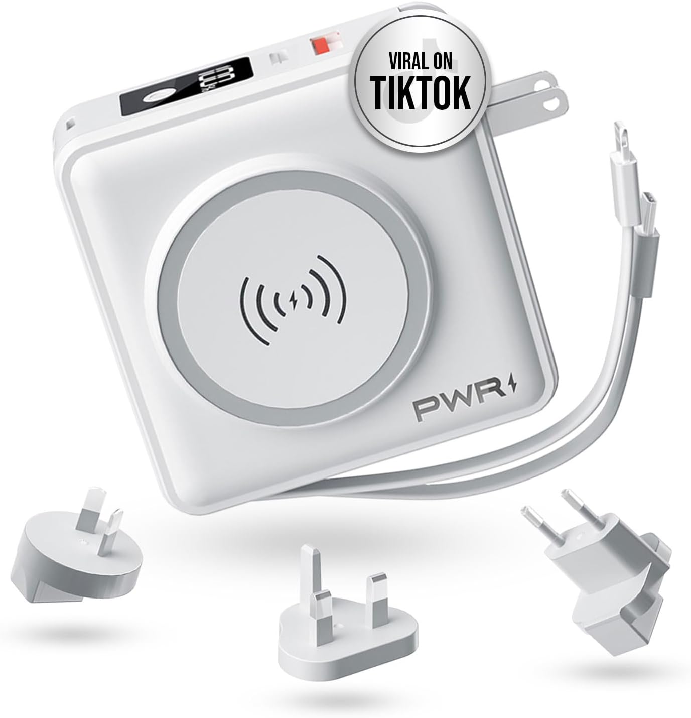 PWR Travel PRO 5-in-1 Power Bank – 10,000mAh with Built-in Cables – 20W USB-C + 15W Wireless Charging – Compact Portable Charger for iPhone & Android - White