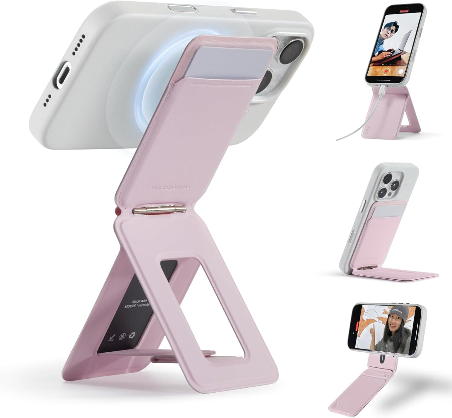 MOFT Phone Tripod Wallet for iPhone, Mulit-Angles, Lightweight & Portable Phone Stand, MOVAS Vegan Leather Magnetic Wallet, Strong Magnets, NFC Card Holder,Travel Essential, Blush (with Card Slot)