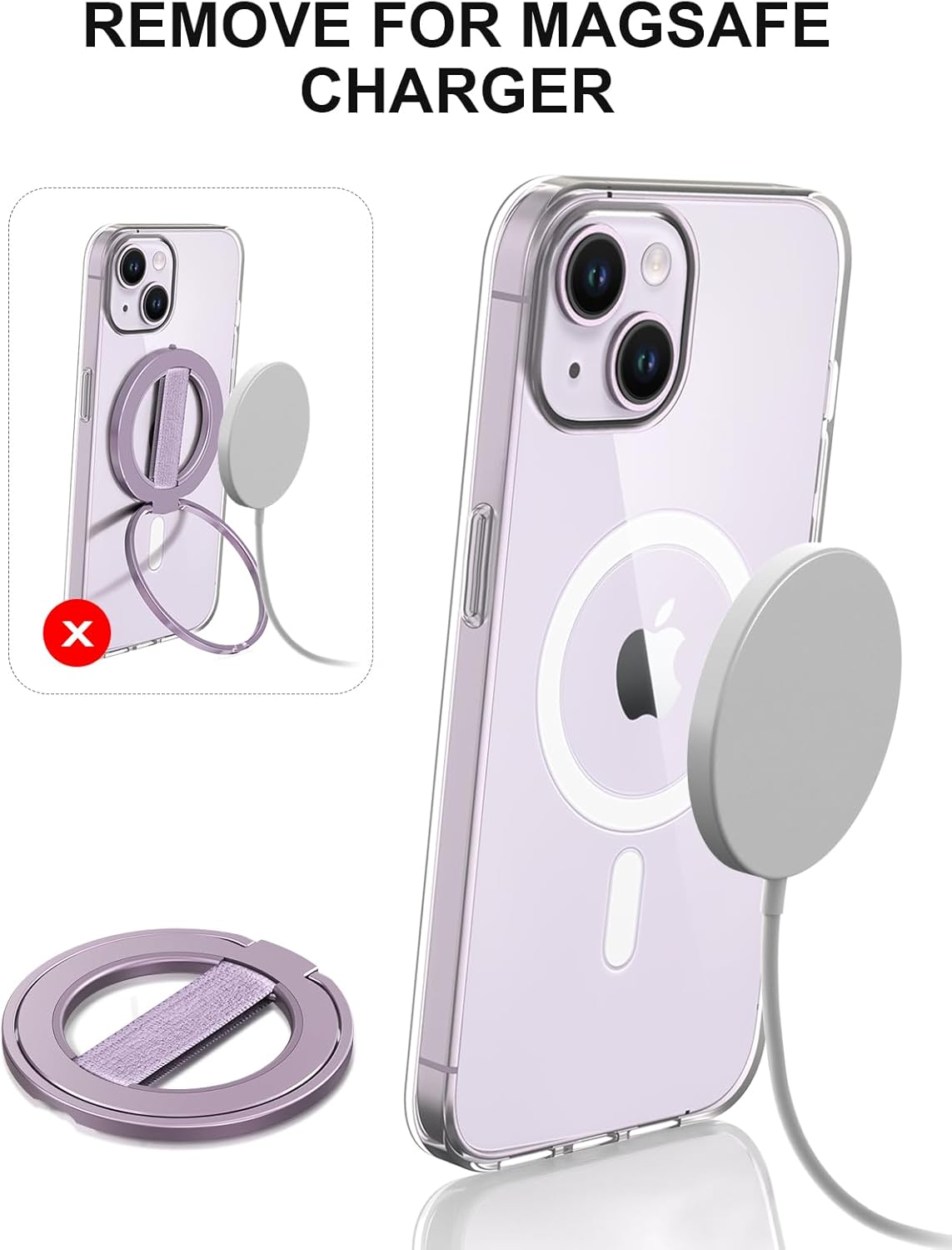 EWA MagOne Ultra Phone Grip Stand with Replaceable Elastic Finger Loop, Removable Magnetic Ring Holder Kickstand Loop, Accessories for iPhone 16, 15, 14, 13 Pro/Max/Plus (Purple)