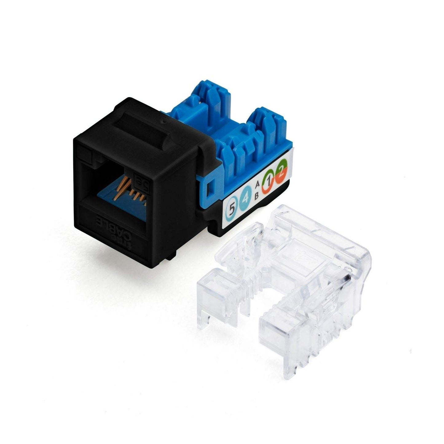 trueCABLE Cat5e Keystone Jack, Unshielded (UTP), 90 Degree Punch-Down, PoE++ (4PPoE) 100W, UL Listed, ETL Verified, ANSI/TIA Certified, Modular RJ45 Female, Black, 24 Pack