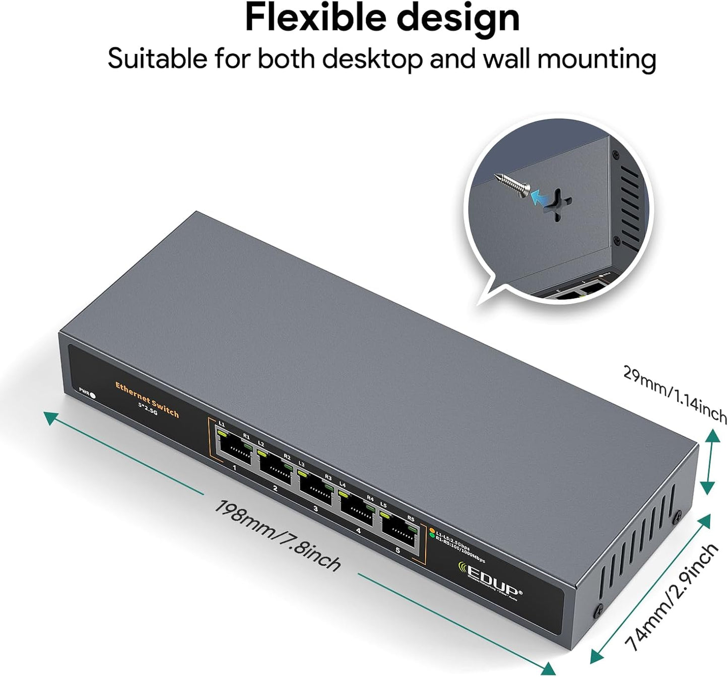 Ethernet Switch 2.5 Gigabit, 5 Ports Multi-Gigabit Ethernet Switch, Unmanaged, Fanless, Plug & Play, Reliable Network Splitter, Ideal for Gaming, NAS, PC, Silent, Desktop/ Wall Mount, Metal Design