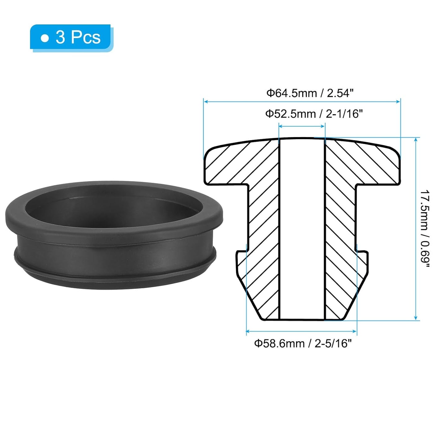 PATIKIL 58.6mm / 2-5/16 Inch Drill Hole,2-1/16 Inch ID Rubber Grommets, 3Pcs Top Hat Grommet for Wiring Eyelet Ring Gasket Automotive Firewall Cable Hole Plugs Wires Protection, Black