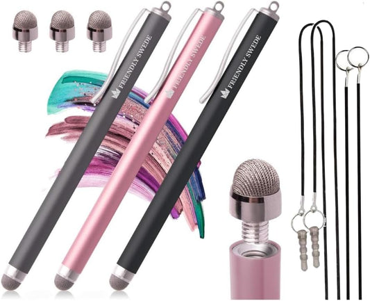 The Friendly Swede Mesh Tip Stylus Pen for Touchscreen — 3-Pack Micro-Knit Capacitive Stylus Pen for iPad & iPhone with 3 Replaceable Fiber Tips, Elastic Lanyards & Screen Cleaning Cloth