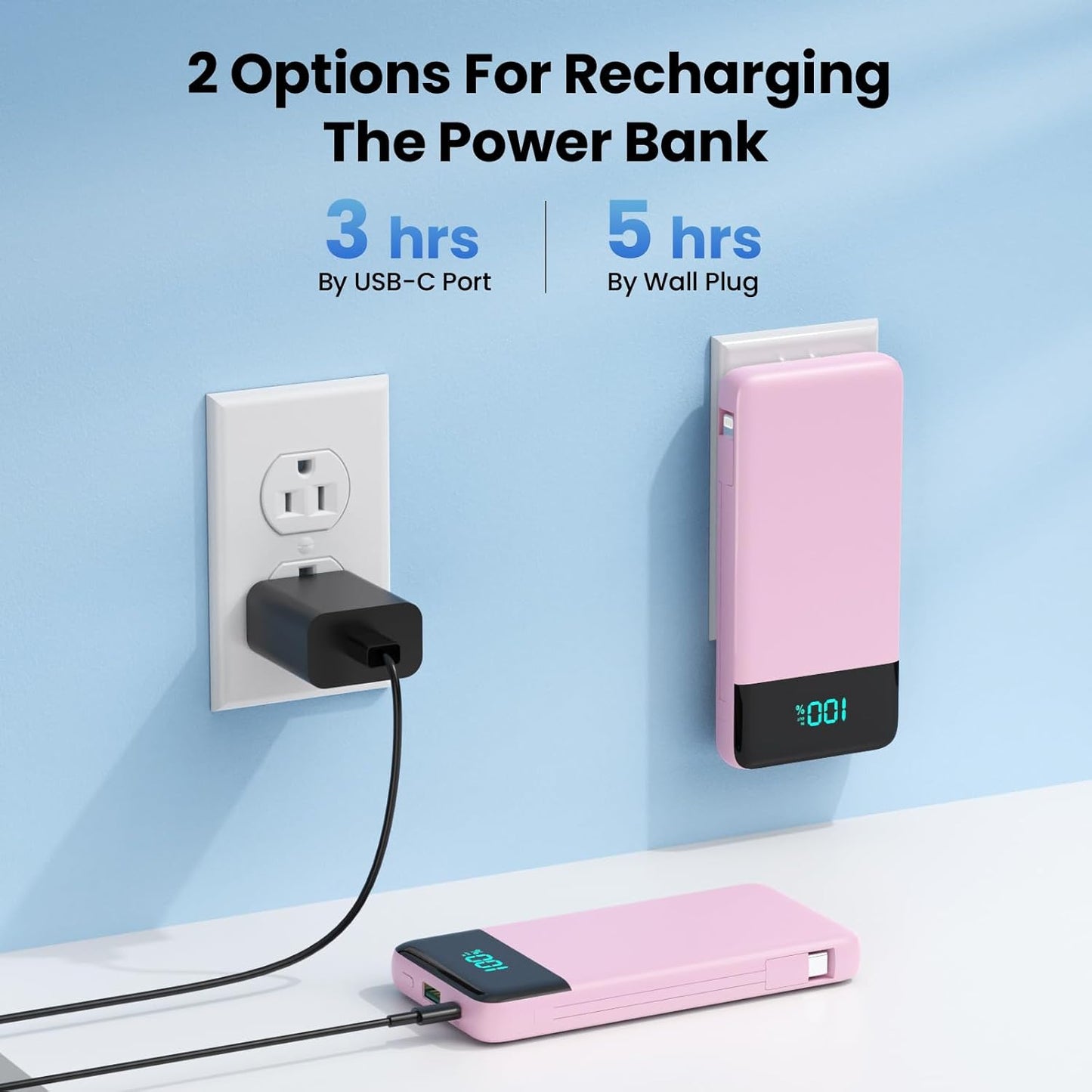 Portable Charger for iPhone with Built in Cables and Wall Plug,Upgraded 13800mAh Fast Charging USB C Power Bank,4 Outputs Travel Essential Battery Pack Compatible with iPhone 15/14/13/12,Samsung-Pink