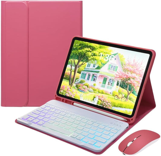 Rainbow Backlit Keyboard Case for iPad Pro 11 inch (4th/3rd/2nd/1st Gen) with Mouse and 7 Colors RGB Colorful Backlight Detachable Bluetooth Keyboard Cover,DarkPink