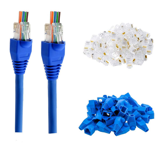 PETECHTOOL RJ45 Cat6 Pass Through Connectors Gold Plated 8P8C Ends and Blue Strain Relief Boots for CAT6 RJ45 Ethernet Network Cable Connector Plug Cover 100/100 (200 Packs Total)
