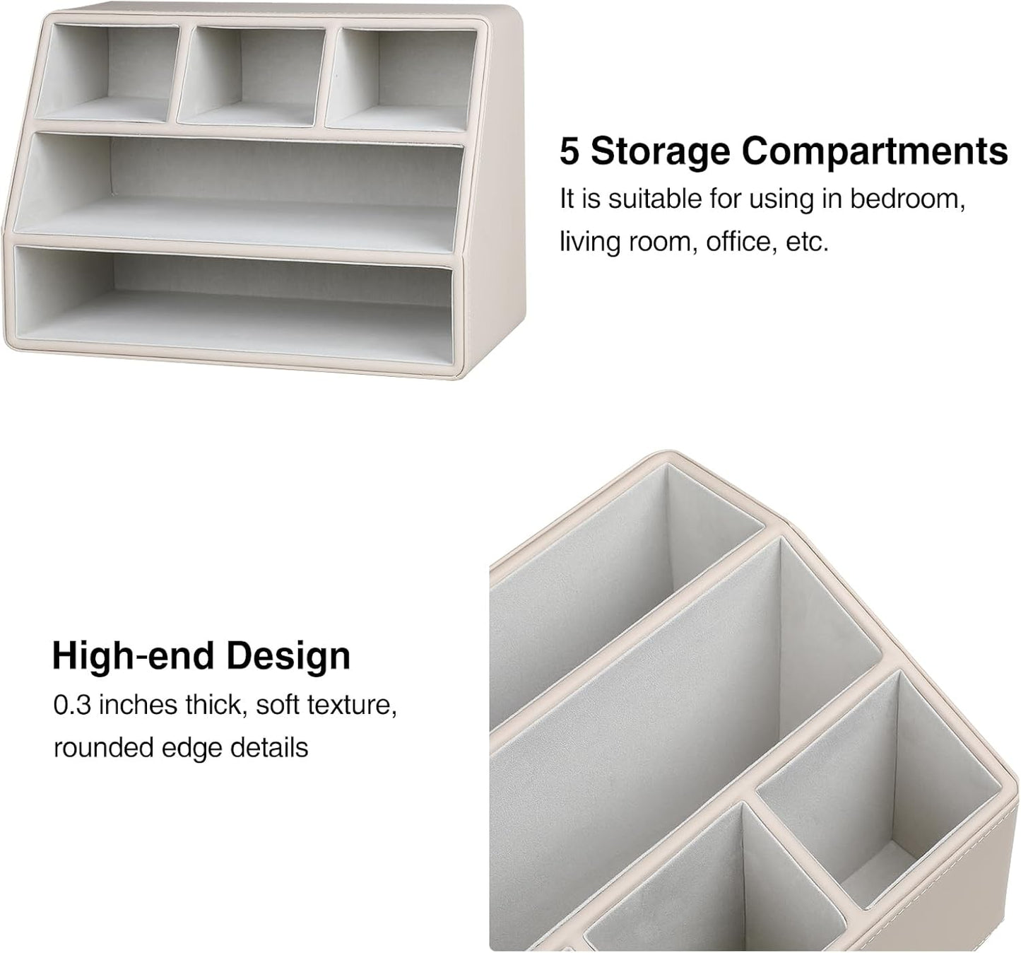 PU Leather Desk Organizer, Luxury Remote Control Holder for Home, Office Desk Accessories Table Caddy Bedside Nightstand Organizer (Dark Beige)