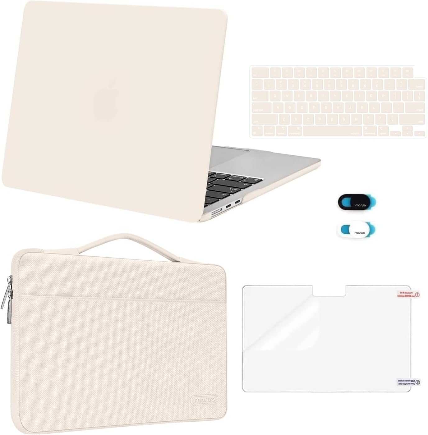 MOSISO Compatible with MacBook Air 13 inch Case 2025 2024 2023 2022 M4 A3240 M3 A3113 M2 A2681, Hard Shell&Sleeve Bag&Keyboard Skin&Webcam Cover&Screen Film for MacBook Air 13.6 inch, Beige