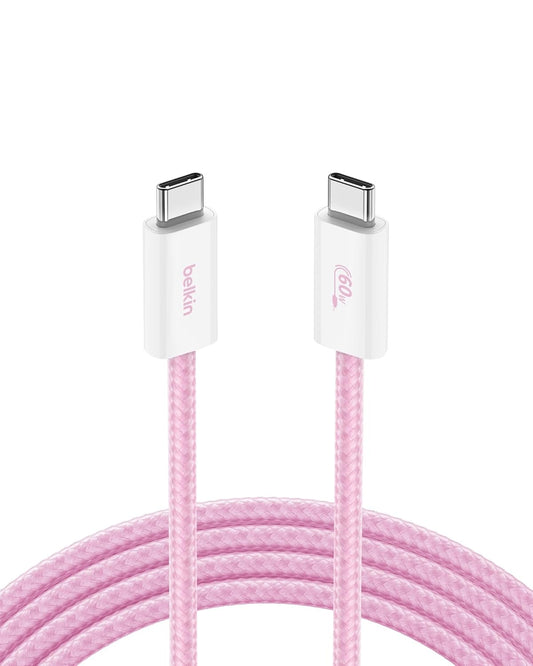 Belkin USB C to USB C Cable, 6.6ft, 60W - Type C Charger, iPhone Charger Cord, Soft, Braided, Flexible for iPhone 16, Galaxy S25, Pixel 9, Airpods, iPad Pro, Tablet & More, Travel Essentials - Pink