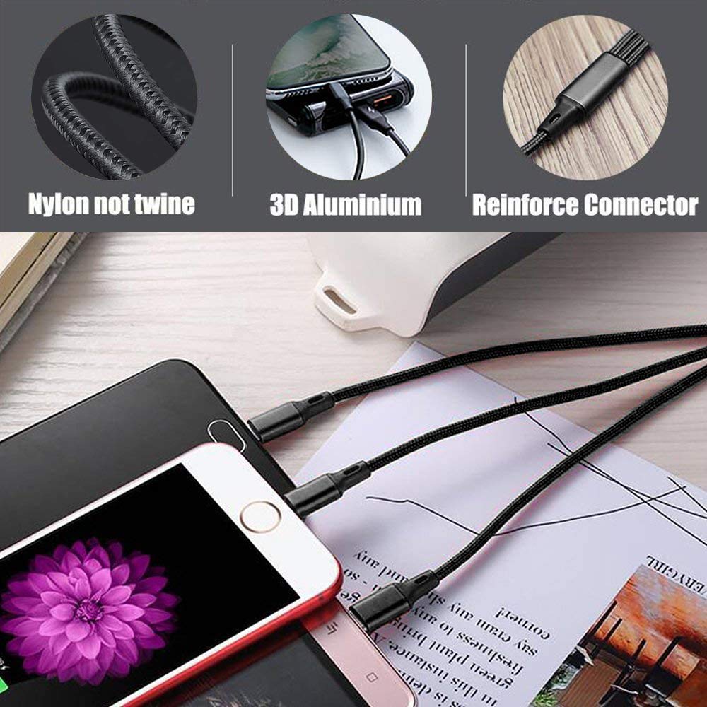 Multi Charging Cable, 4ft 2Pack Multi Phone Charger Cable Braided Universal 3 in 1 Charging Cord Extra Long Multiple USB Cable with USB C, Micro USB Port Connectors for Cell Phones and More（Red+Black)