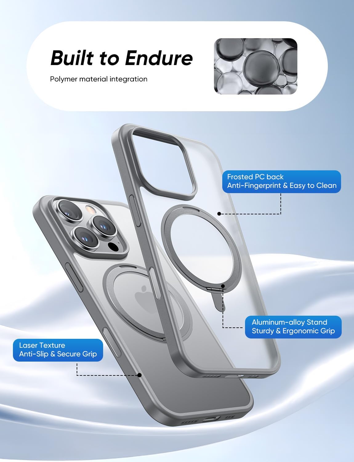 MAGIC JOHN 360° Rotatable Magnetic Invisible Stand for iPhone 16 Pro Max Case [Camera Control Button] [Compatible with MagSafe] 16FT Shockproof for iPhone 16 Pro Max Case with Kickstand, Gray