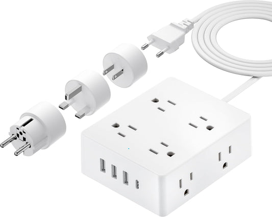 European Travel Plug Adapter, Olcorife Power Strip with EU UK US Plug Adapter, 8 Outlets 4 USB Ports with 5ft Extension Cord, International Power Adapter for US to Europe UK