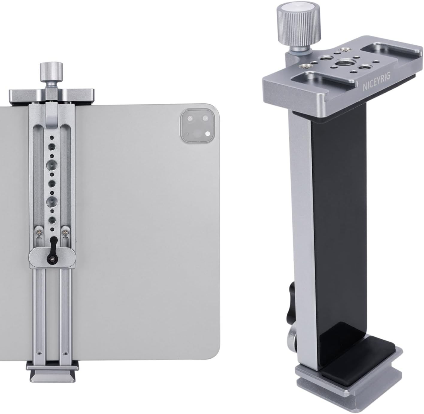 NICEYRIG Tablet Tripod Mount Aluminum Holder for iPad mini 8.3'' 7.9'', iPad Air, iPad Pro, 130mm - 223mm Adjustable Mounting Clamp with Double Locking Points, Quick Release Plate for Arca-style - 616