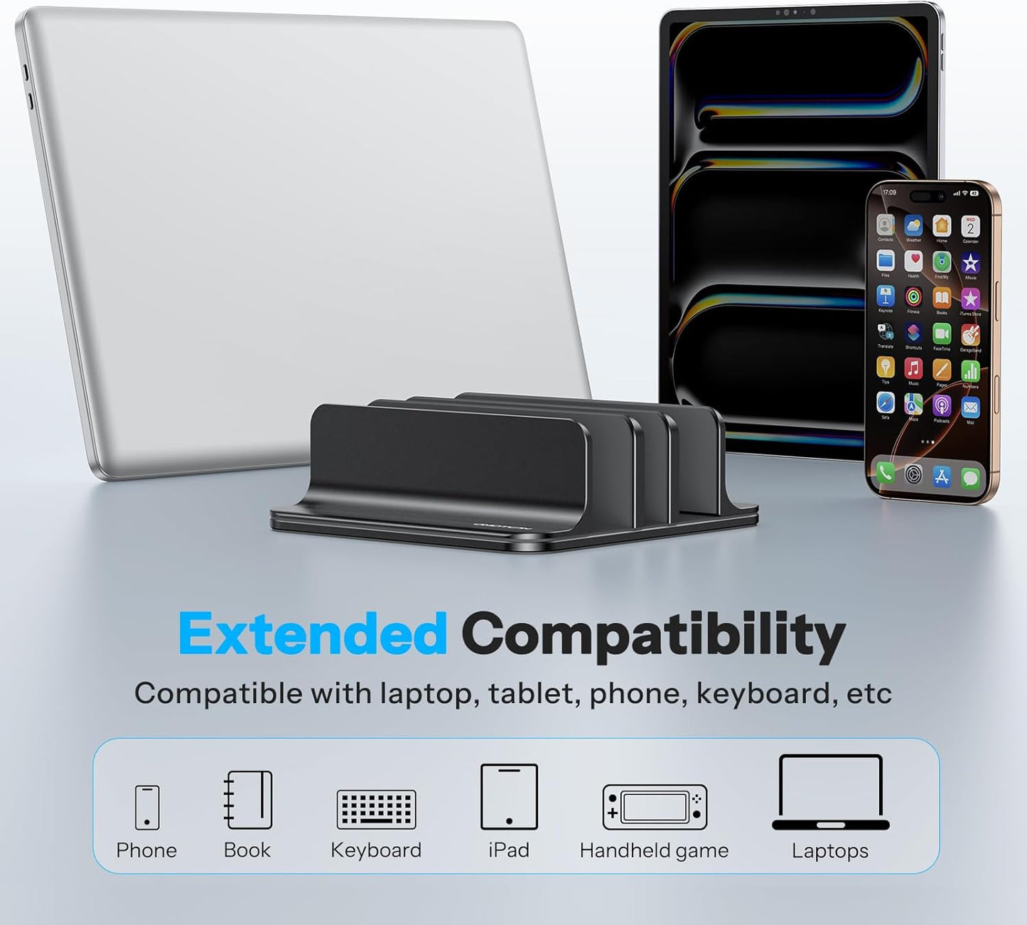 OMOTON 3-Slot Vertical Laptop Stand, Desktop Aluminum Stand for MacBook with Adjustable Dock Size, Fits All MacBook, Surface, Chromebook and Gaming Laptops (Up to 17.3 inches), Black