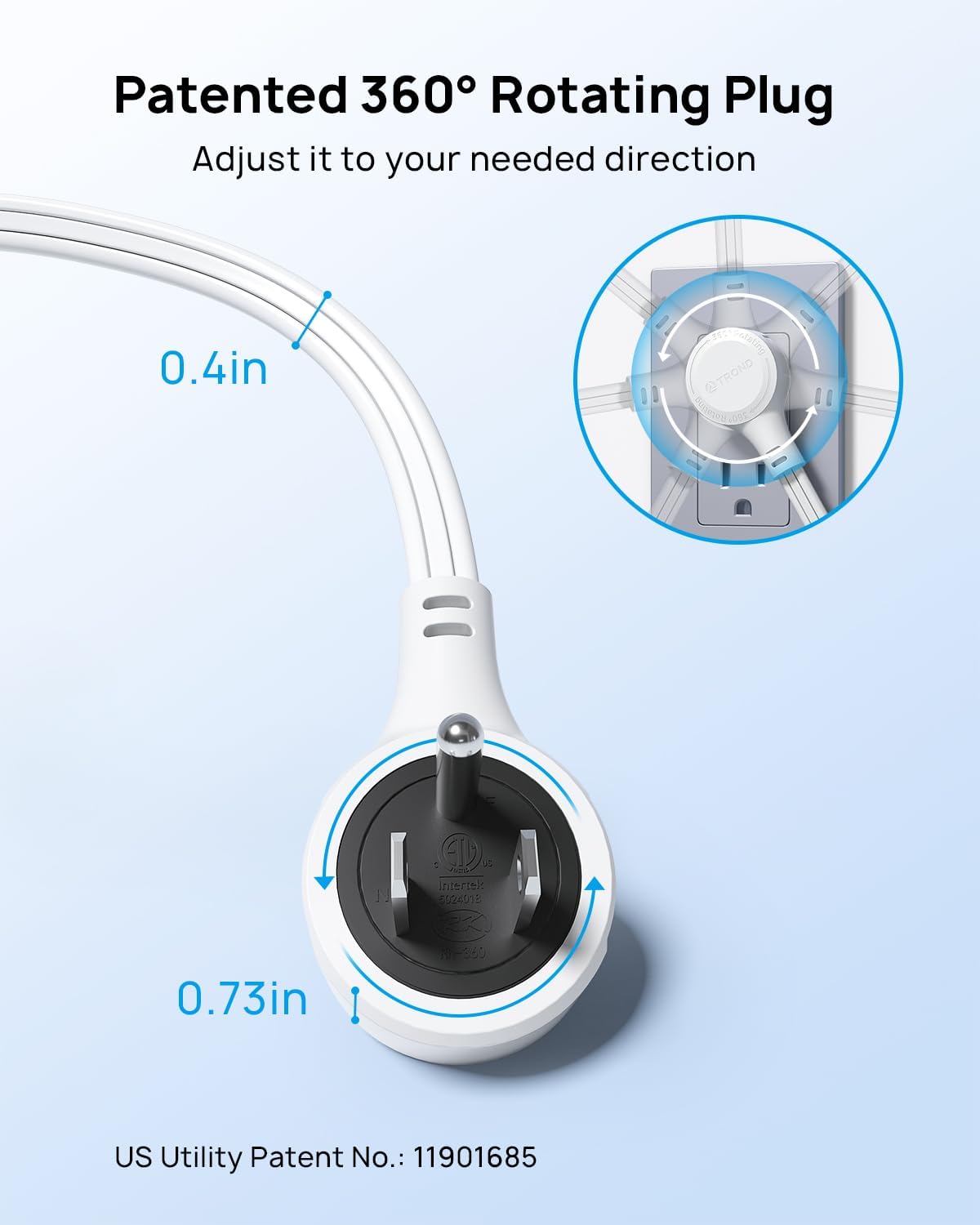 TROND Flat Extension Cord 15ft with 360° Rotating Plug, Low Profile Small Power Strip, 3 Prong Grounded Outlets Cube, 13A, SPT 16/3 AWG Cable, for Indoor Home Office Kitchen Cruise Essentials, White