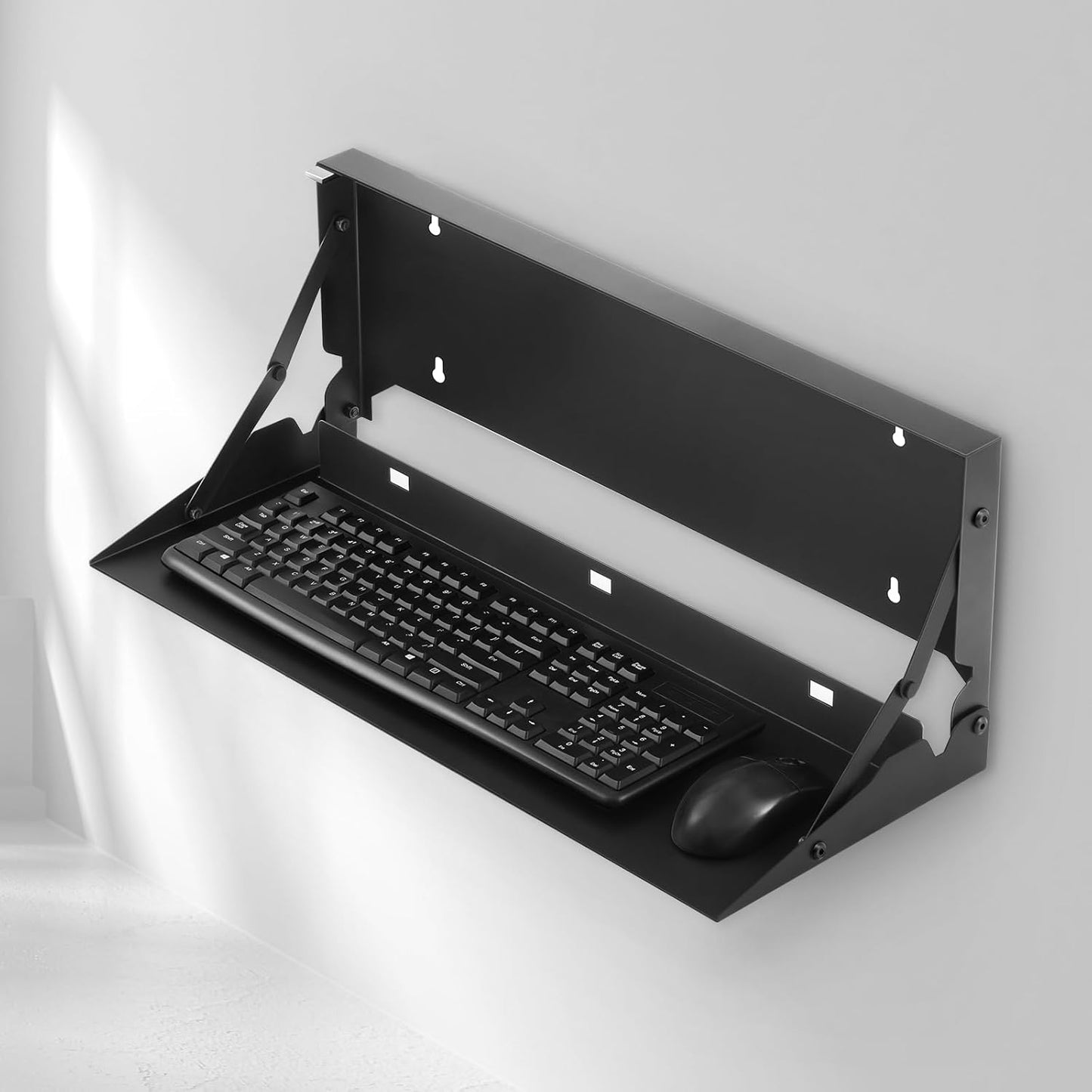 1 Pcs 24 Inch Keyboard Wall Mount Foldable Fits Standard Computer Keyboard Mouse Stand Tray Organizer for Small Offices Apartments, Easy Installation with 4 Screws (Black)