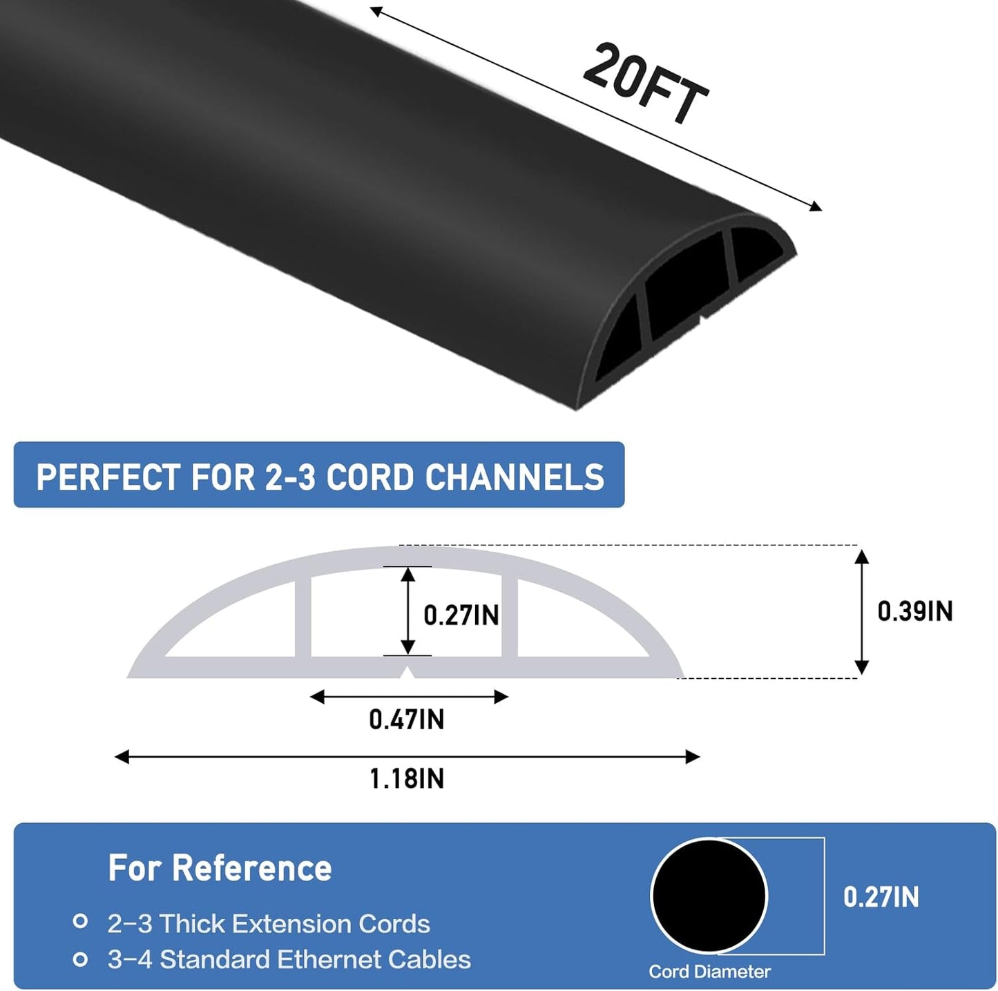 Floor Cord Cover Self Adhesive Cord Hider Floor Extension Cord Covers for Floor Power Cord Protector Cable Management Prevent Cable Trips Cable Cavity 0.47" W x 0.27" H (Black, 20Ft)